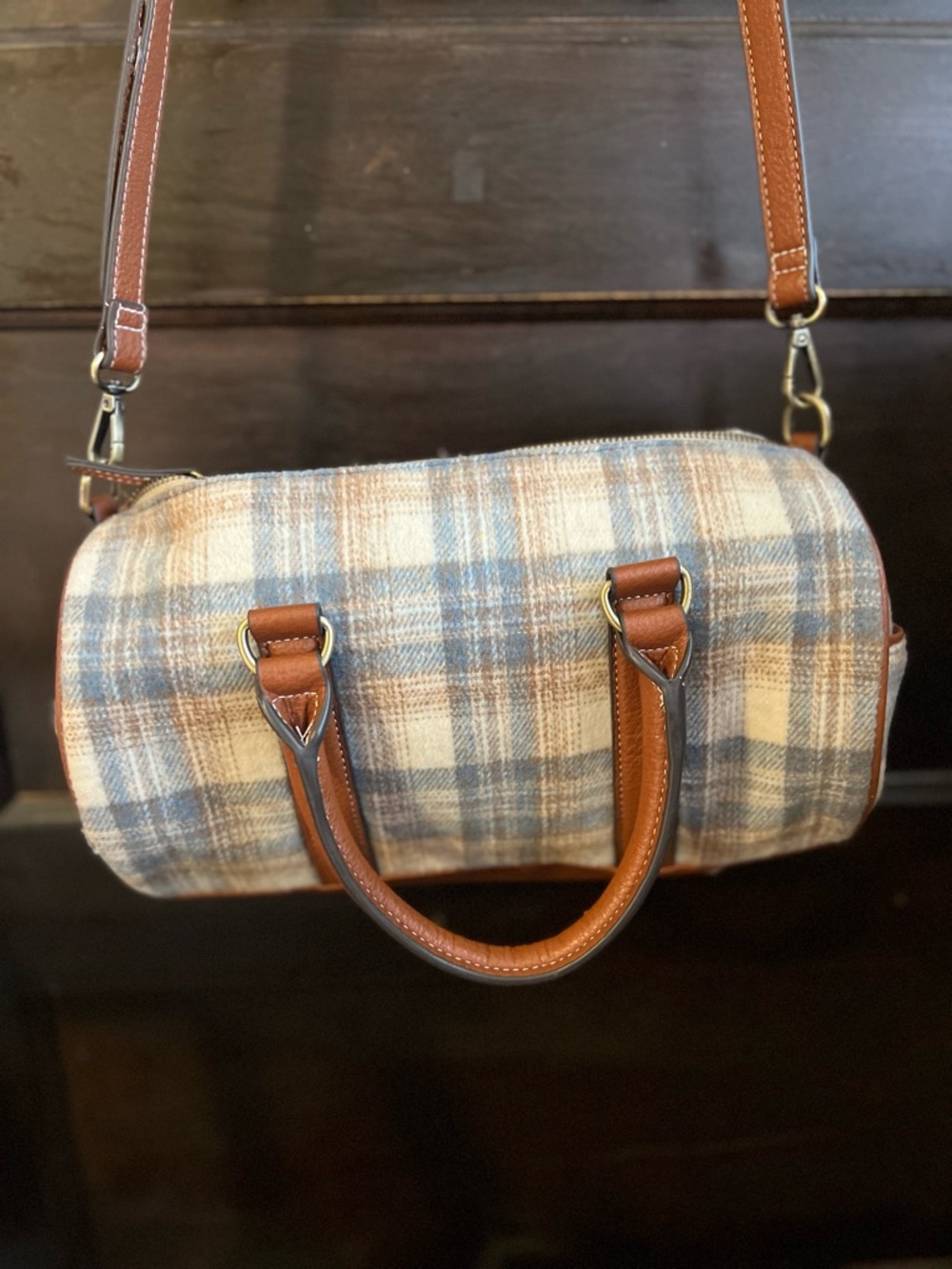 Plaid Wool Barrel Bag with Brown Leather Trim